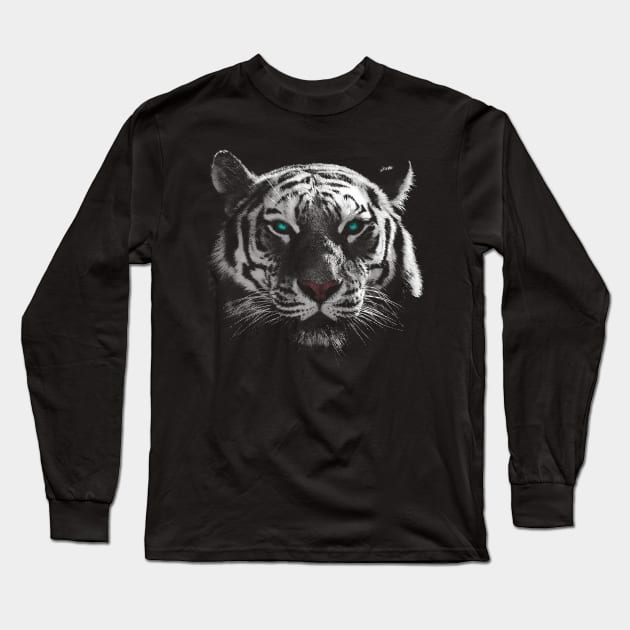 White Tiger, Blue Eyes Long Sleeve T-Shirt by MarinasingerDesigns